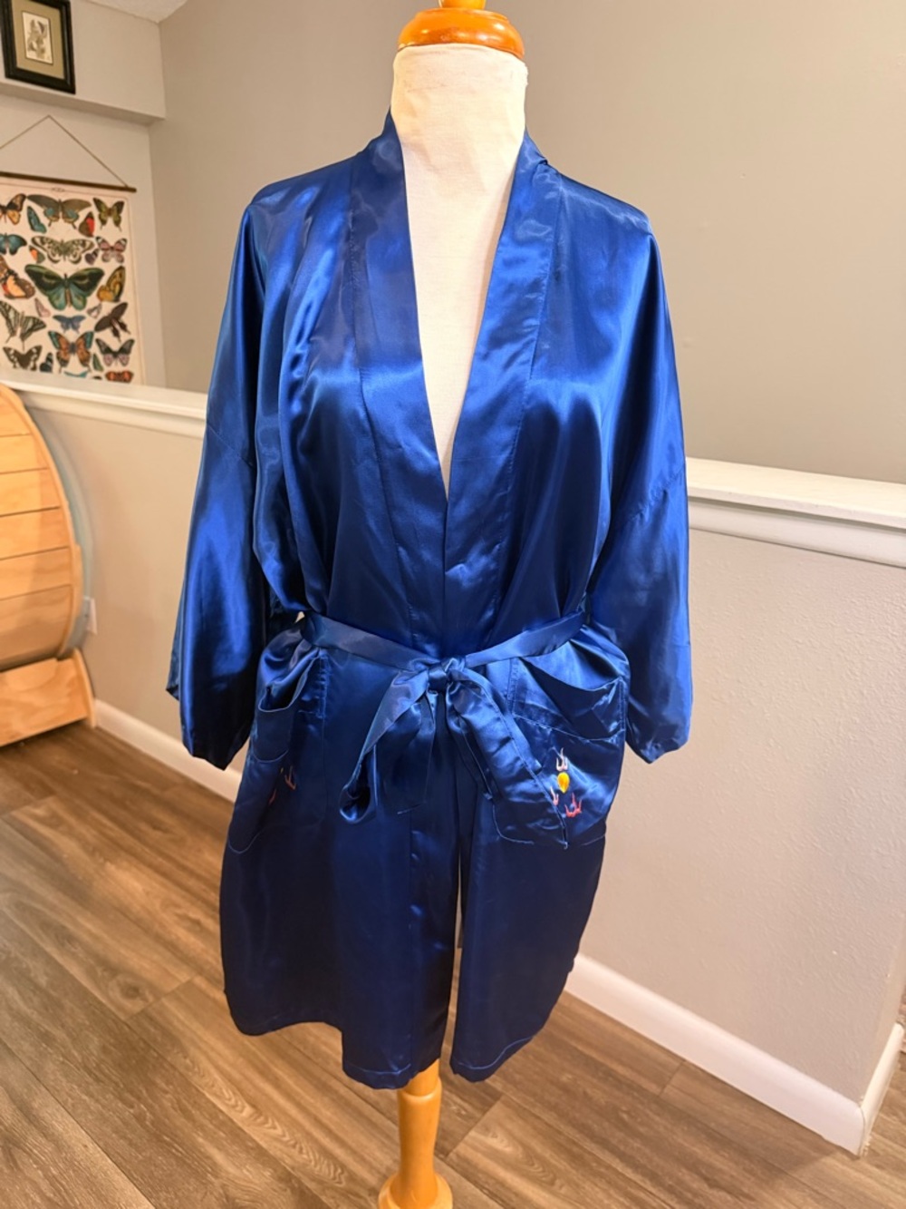 Vintage Dragon Kimono Robe Blue Embroidered Chinese Belted Silk L - Picture 8 of 11